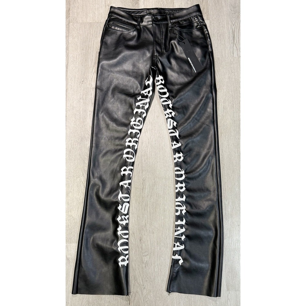 Rockstar Original Elian PU Stacked Flare Pants Men's 34 Black Faux Leather NWT
